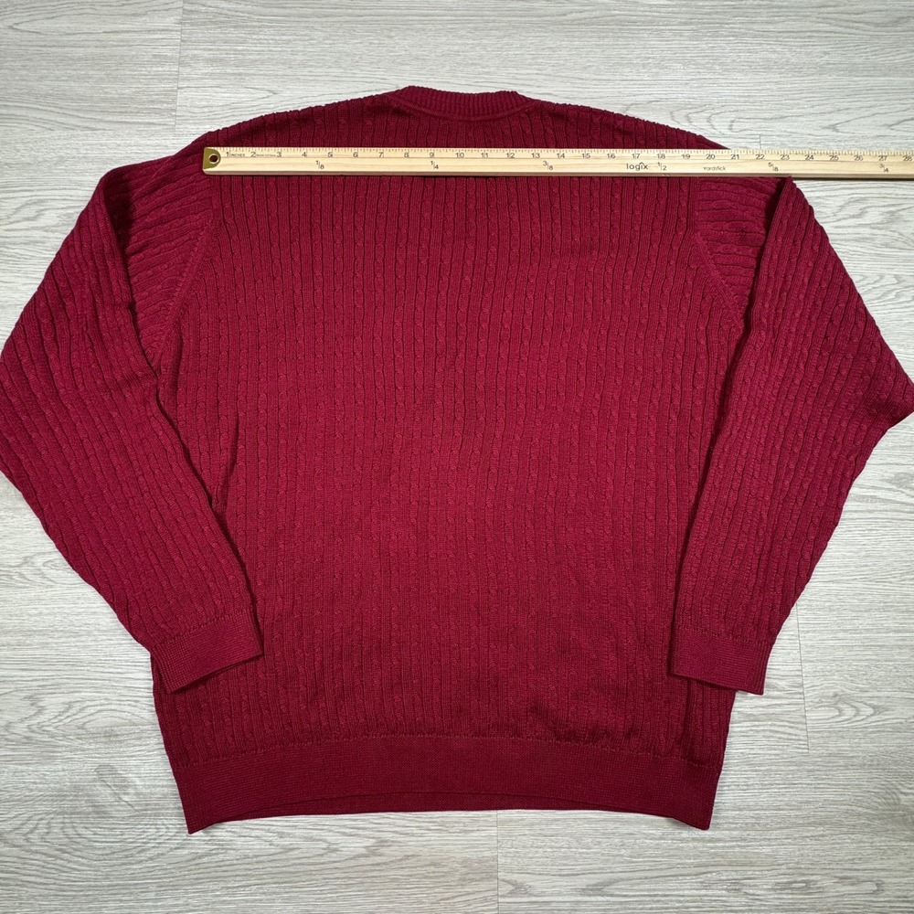 Alan Flusser Men's Sweater V-Neck Burgundy Red Large 100% Cotton Cable Knit - Picture 4 of 6